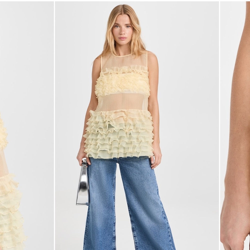 STAUD Sheer Ruffle Tiered Sleeveless Top in Pale Yellow